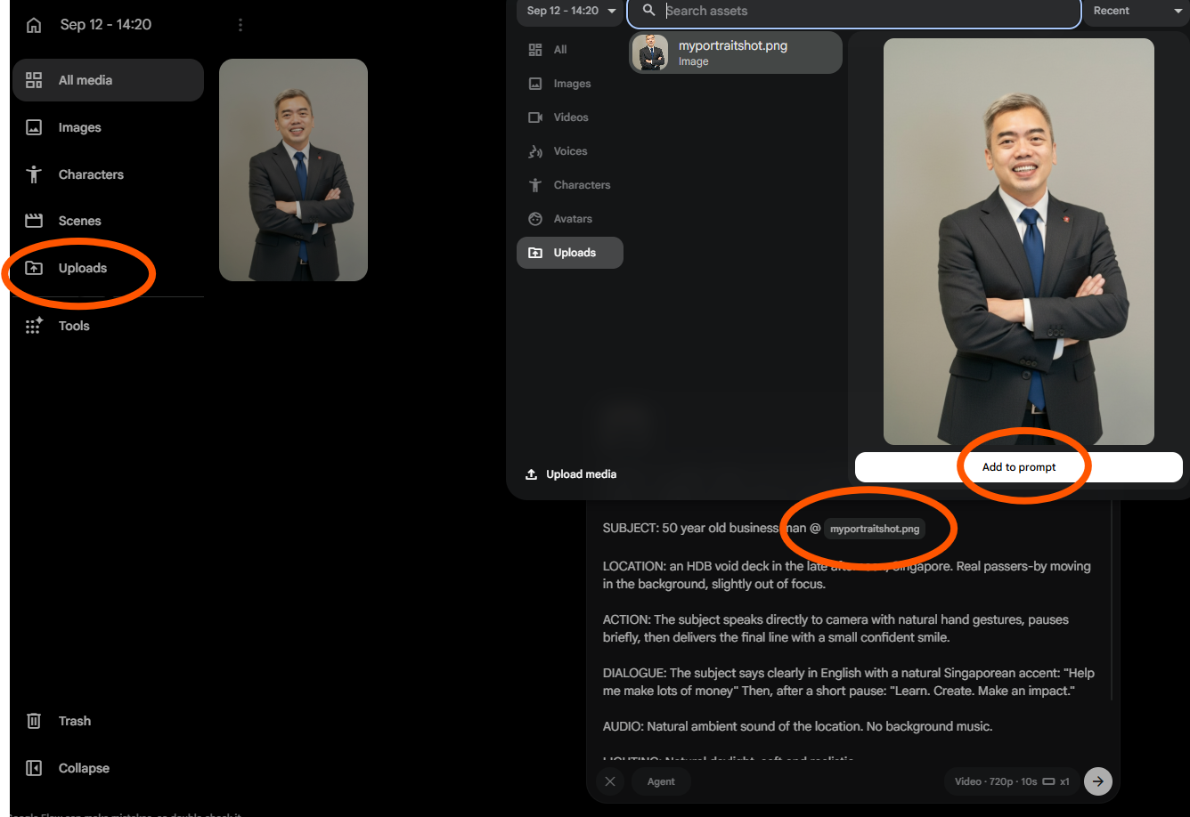 Google Flow with the Uploads panel open, a portrait selected, the Add to prompt button, and the resulting @myportraitshot.png tag inside the prompt