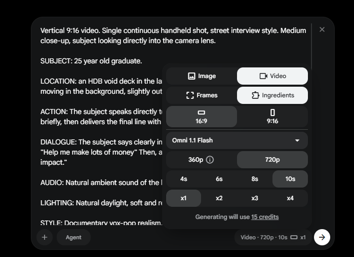 The Google Flow settings panel with Video, 9:16, Omni 1.1 Flash, 720p, 10s and x1 selected