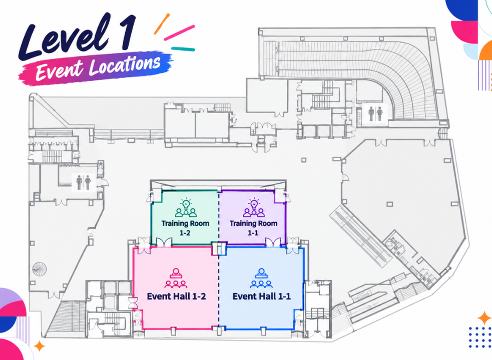 Level 1 floor plan showing Event Hall 1-1, Event Hall 1-2, Training Room 1-1 and Training Room 1-2