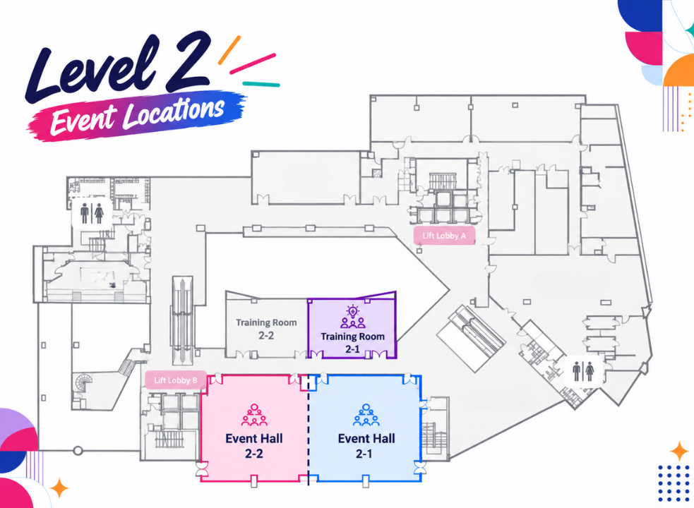 Level 2 floor plan showing Event Hall 2-1, Event Hall 2-2, Training Room 2-1 and the two lift lobbies
